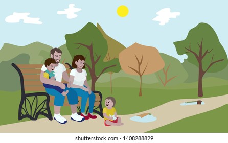 Happy family, young parents and their two children are sitting on a bench in the park on a warm summer day. Cartoon style vector illustration.