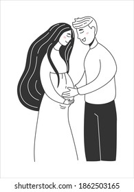 Happy Family, young pregnant woman and man. Parenthood, pregnancy, maternity, motherhood, childcare and parenting vector concept. Black and white simple art isolated.