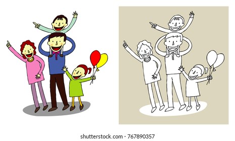 happy family.A boy riding his father's shoulder.Girl holding a balloon.