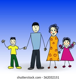 Happy  family.Cartoon Illustration,Father, mother, daughter and son.