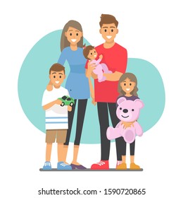 Happy family.Dad, mom, son and daughter and baby together..Vector illustration cartoon character.