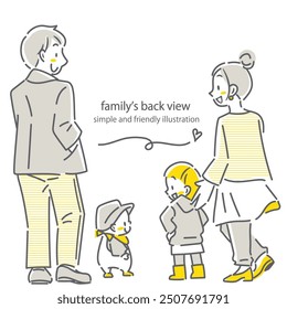 happy family's back view, mom, dad, girl and baby
