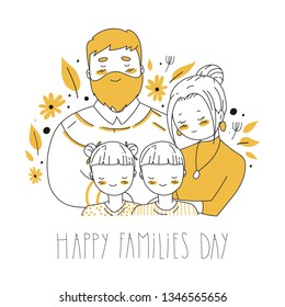 Happy Family`s day. Cartoon hand drawn characters  with floral decoration. Good for greeting cards,invintations,poster etc.