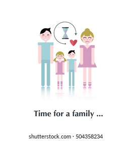 Happy family.Vector people icon,pictogram Concept of time family,male,female,speech bubble,children,red,clock over white and text Time for a family in flat style