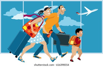 Happy familywith luggage walking through the airport, preparing to board a plane, EPS 8 vector illustration