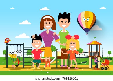 Happy Famiy in City Park. Vector.