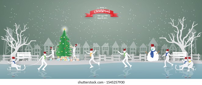 Happy famly on Skating rink in winter season.Merry Christmas and Happy new year concept.paper craft style vector and illustration.