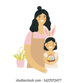 Happy famyly Easter flat illustration. Vector spring print. Little girl with a basket with Easter eggs and bunnies.