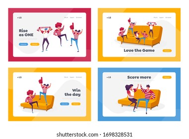 Happy Fans Cheering for Sport Team Victory Success Landing Page Template Set. Tiny Characters with Funny Attribution and Uniform Sitting and Jumping on Huge Couch. Cartoon People Vector Illustration