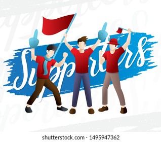 Happy fans are cheering for their team. A group of people supports athletes. Group of sport fans in red outfit with flags supporting their team vector Illustration