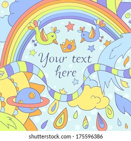 Happy fantasy colorful vector rainbow and birds frame. 