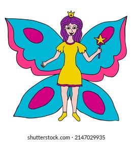 Happy fantasy doodle fairy butterfly princess flying with magic wand. 