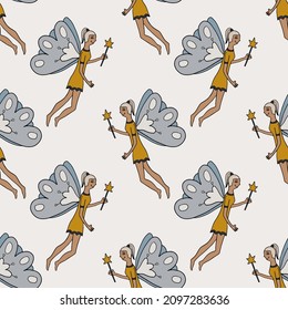 Happy fantasy doodle fairy flying with magic wand seamless pattern. 