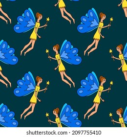 Happy fantasy doodle fairy flying with magic wand seamless pattern. 