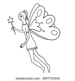 Happy fantasy doodle fairy flying with magic wand. 