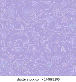 Happy fantasy purple vector background with birds, clouds and rainbow