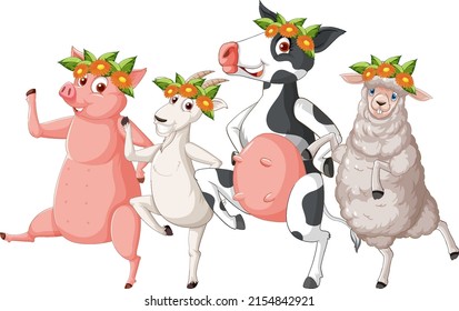 Happy farm animals acrtoon characters illustration