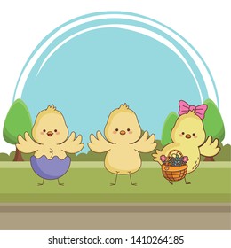Happy farm animals carrying wicker basket carrying wicker basket easter season drawing  on grass with trees scenery vector illustration graphic design
