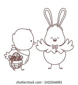 Happy  farm animals and chick wearing eggshell carrying wicker basket easter season drawing black and white outline vector illustration graphic design