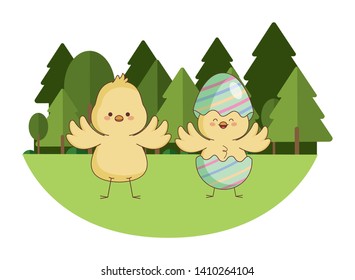 Happy farm animals chicks pair wearing eggshell easter season drawing  on grass with trees scenery vector illustration graphic design