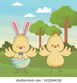 Happy farm animals chicks pair wearing eggshell easter season drawing  on grass with trees scenery vector illustration graphic design