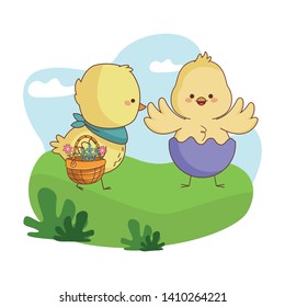 Happy farm animals chicks pair carrying wicker basket easter season drawing on grass with bushes scenery vector illustration graphic design