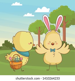 Happy farm animals chicks pair carrying wicker basket carrying wicker basket easter season drawing  on grass with trees scenery vector illustration graphic design