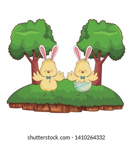 Happy farm animals chicks pair easter season drawing  on grass with trees scenery vector illustration graphic design