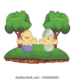 Happy farm animals chicks pair wearing eggshell easter season drawing  on grass with trees scenery vector illustration graphic design