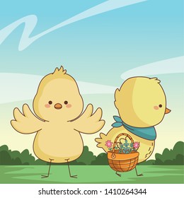 Happy farm animals chicks pair carrying wicker basket easter season drawing  on grass with bushes scenery vector illustration graphic design