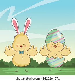 Happy farm animals chicks pair wearing eggshell easter season drawing  on grass with bushes scenery vector illustration graphic design