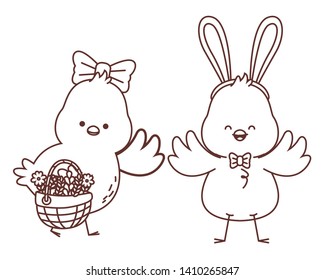 Happy  farm animals chicks pair carrying wicker basket easter season drawing black and white outline vector illustration graphic design