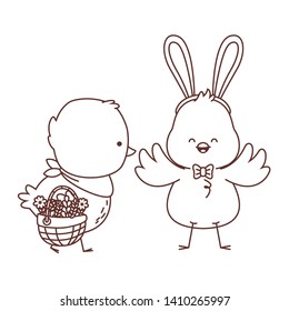 Happy  farm animals chicks pair carrying wicker basket carrying wicker basket easter season drawing black and white outline vector illustration graphic design