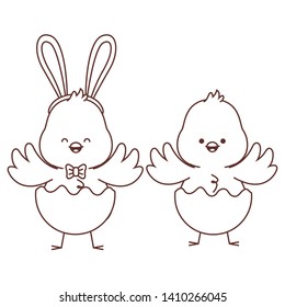 Happy  farm animals chicks pair wearing eggshell easter season drawing black and white outline vector illustration graphic design