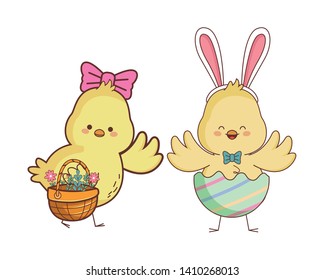 Happy farm animals chicks pair wearing eggshell carrying wicker basket carrying wicker basket easter season drawing vector illustration graphic design