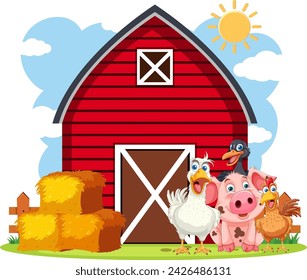 Happy farm animals in front of a red barn