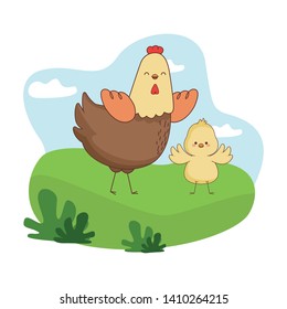 Happy farm animals hen and chick easter season drawing  on grass with trees round icon scenery vector illustration graphic design