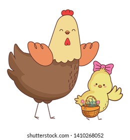 Happy farm animals hen and chick carrying wicker basket easter season drawing vector illustration graphic design