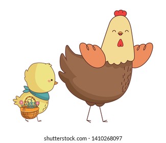 Happy farm animals hen and chick carrying wicker basket easter season drawing vector illustration graphic design