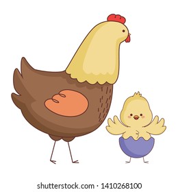 Happy farm animals hen and chick wearing eggshell easter season drawing vector illustration graphic design