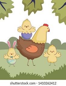 Happy farm animals hen chicks group wearing eggshell easter season drawing  on grass with trees round icon scenery vector illustration graphic design