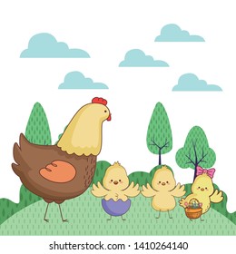 Happy farm animals hen chicks pair wearing eggshell easter season drawing on grass with trees round icon scenery vector illustration graphic design