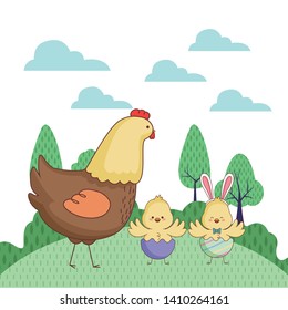 Happy farm animals hen chicks pair wearing eggshell easter season drawing  on grass with trees scenery vector illustration graphic design