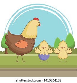 Happy farm animals hen chicks pair wearing eggshell easter season drawing  on grass with trees scenery vector illustration graphic design