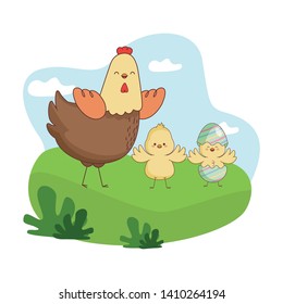 Happy farm animals hen chicks pair wearing eggshell easter season drawing  on grass with trees round icon scenery vector illustration graphic design