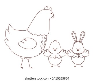 Happy  farm animals hen chicks pair wearing eggshell easter season drawing black and white outline vector illustration graphic design