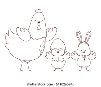 Happy  farm animals hen chicks pair wearing eggshell easter season drawing black and white outline vector illustration graphic design
