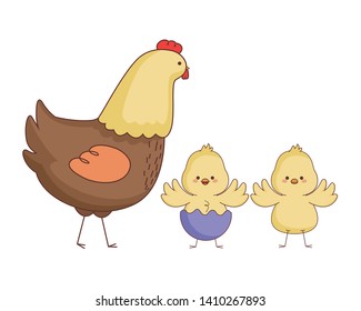 Happy farm animals hen chicks pair wearing eggshell easter season drawing vector illustration graphic design