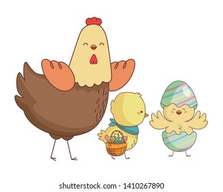 Happy farm animals hen wearing eggshell carrying wicker basket easter season drawing vector illustration graphic design