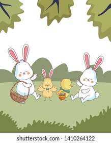 Happy farm animals hen white bunny wearing eggshell easter season drawing on grass with trees scenery vector illustration graphic design